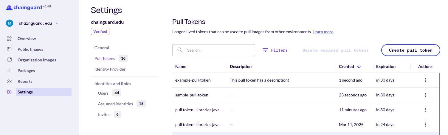 Screenshot showing the Pull tokens page within the Settings pane. This example shows four pull tokens in the table.